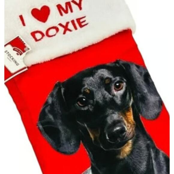 Red Satin I Love My Doxie Dog Christmas Holiday Stocking - Picture 2 of 3